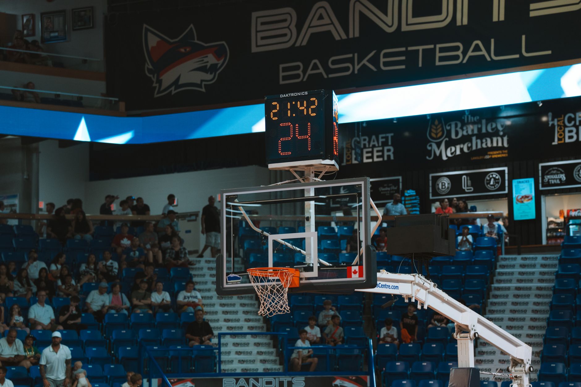 basketball arcing toward hoop from three point range