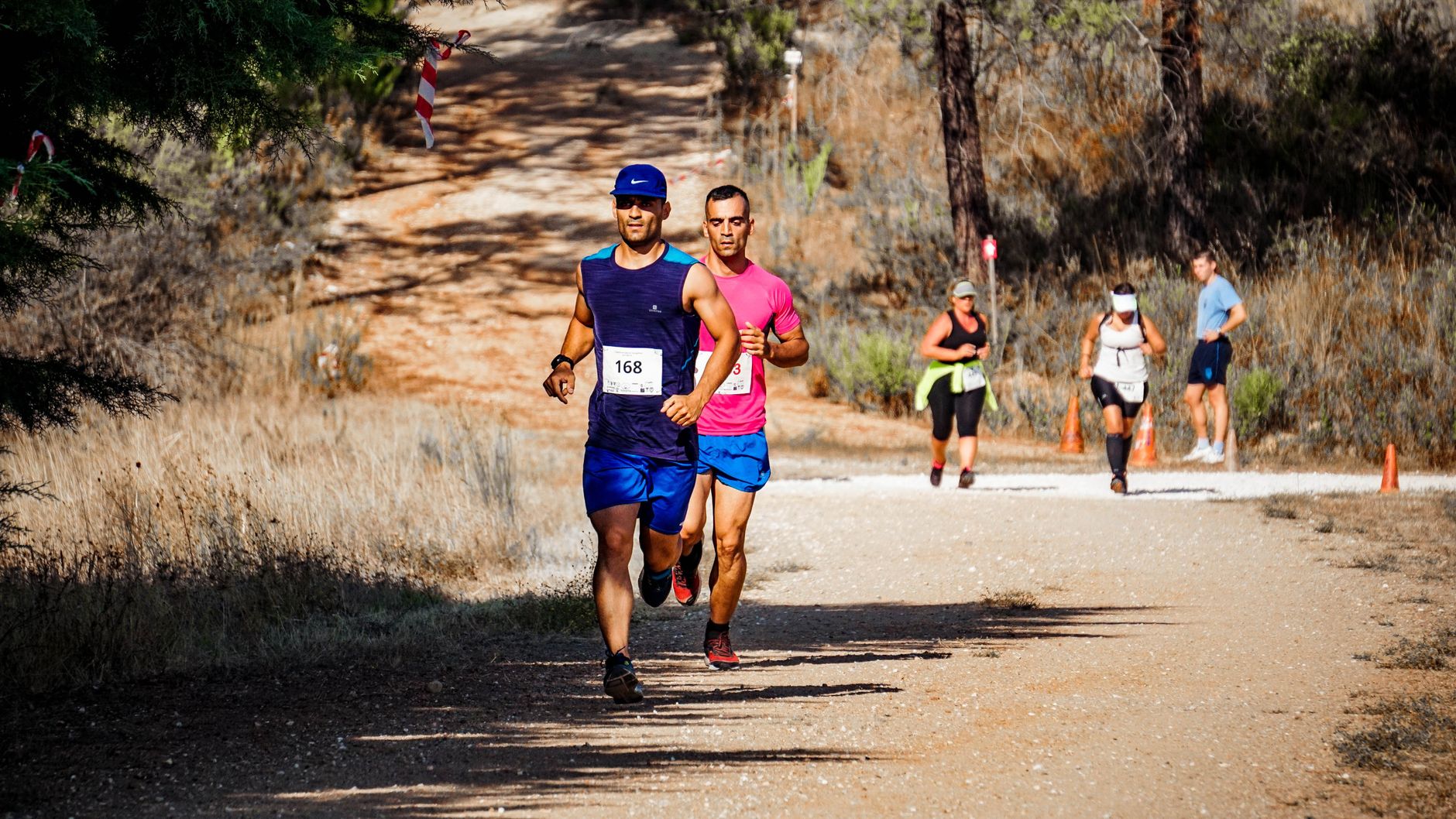 Runners training on a dirt road through hills at high elevation