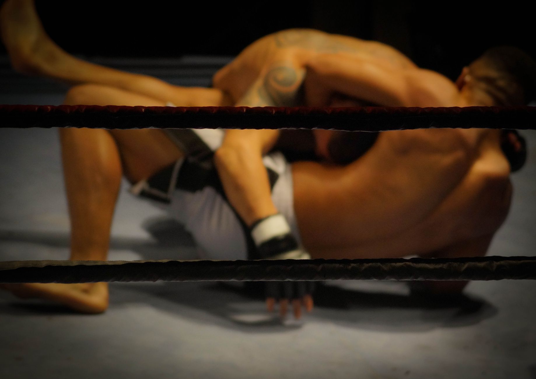 Mixed martial arts fighters grappling in cage